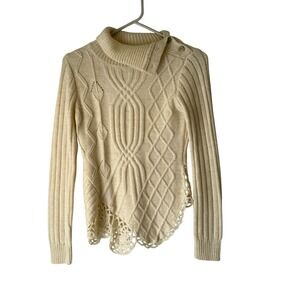 B by MAK Cable Turtleneck Asymmetrical Crochet Sweater L Fisherman Cottage Fairy